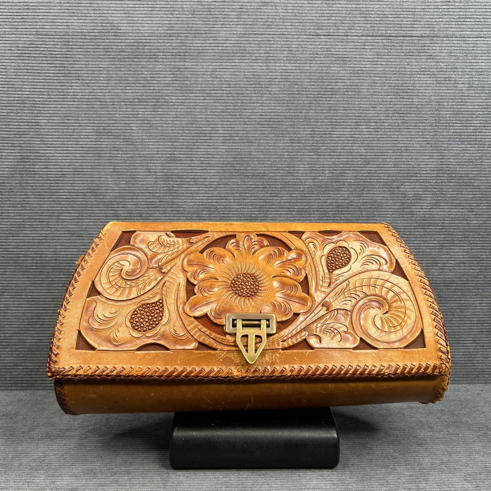 Vintage Mexico Hand Tooled Leather Floral Clutch Bag Whipstitch Boho Western